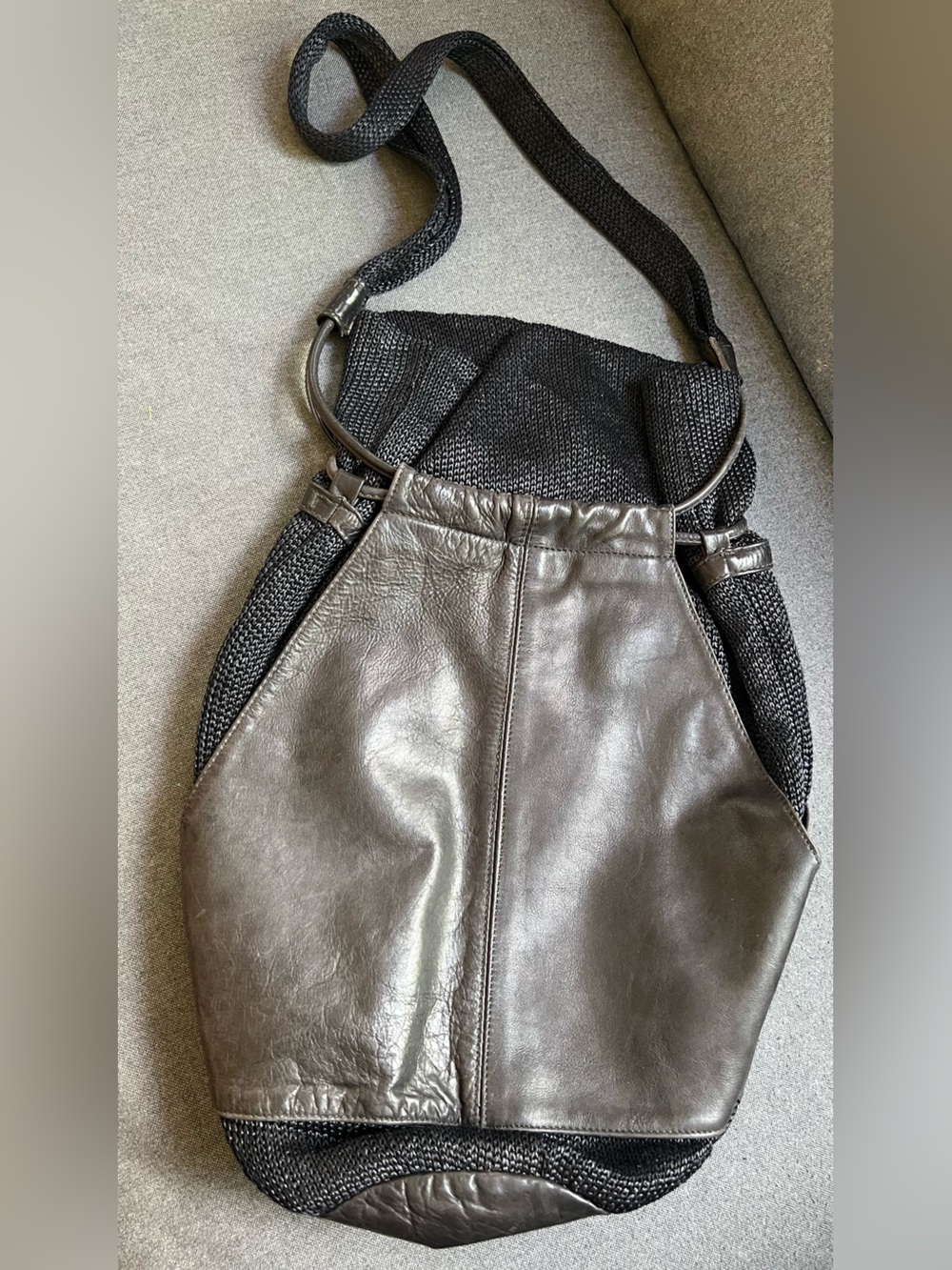 Rare Vintage Italian-made Leather Woven Knit/Raffia Drawstring Bucket Bag Black